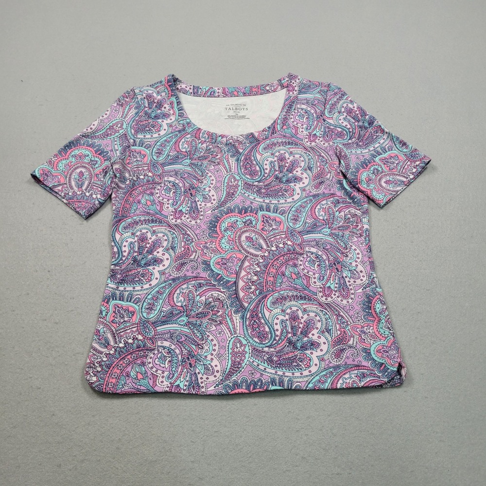 Talbots Petite Pink Purple Paisley‎ Print Short Sleeve Cotton Spandex Tee Shirt